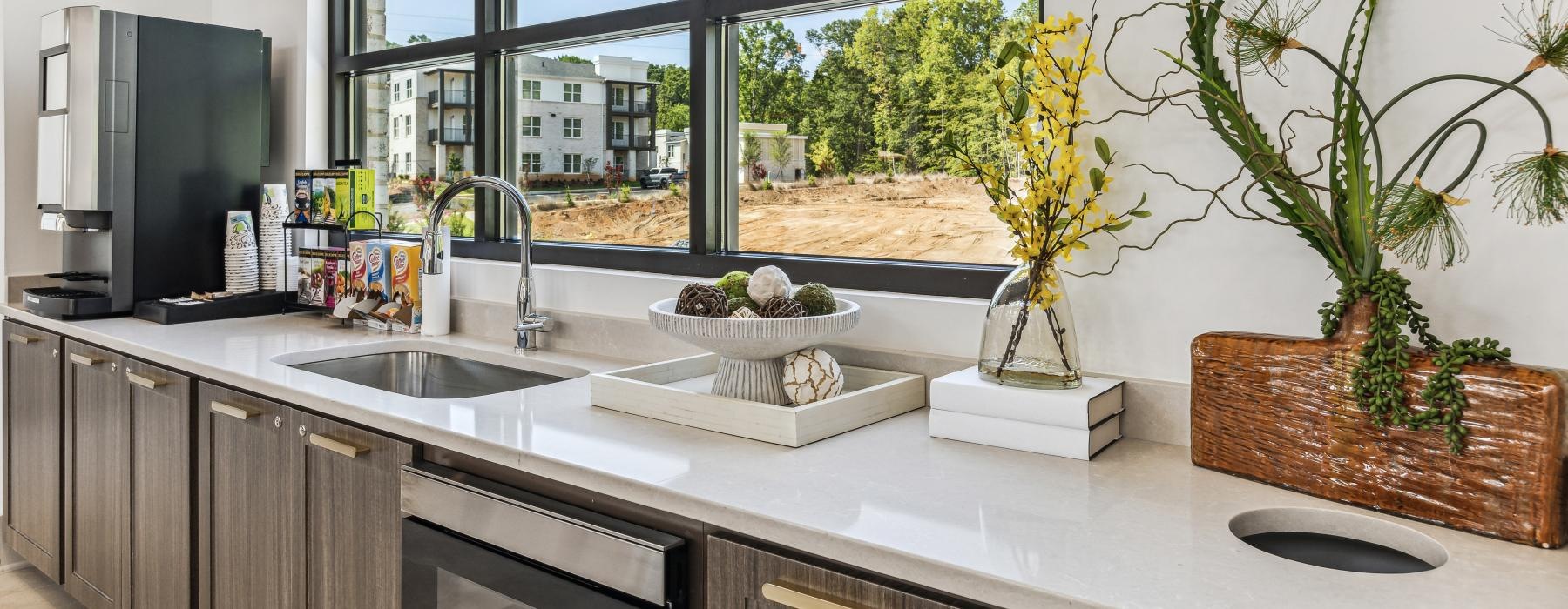 a kitchen with a large window